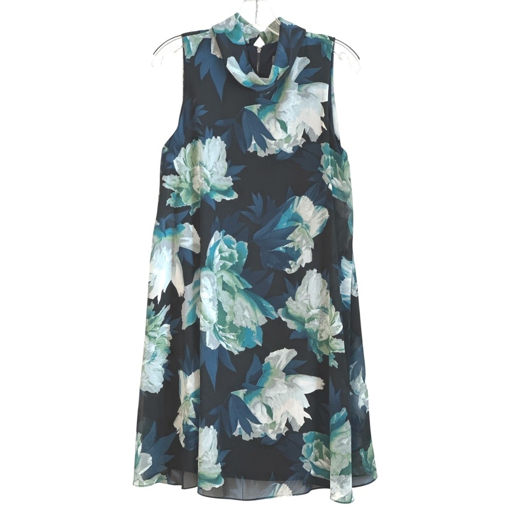 Vince Camuto Shift Dress Floral Chiffon Layered Navy Blue Teal Garden‎ Party 10